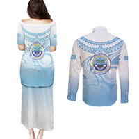 Micronesia Constitution Day Couples Matching Puletasi and Long Sleeve Button Shirt Polynesian Tribal Tattoo Simple Style LT05 - Polynesian Pride