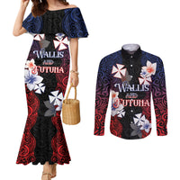 Wallis and Futuna Uvea Couples Matching Mermaid Dress and Long Sleeve Button Shirt Victory Day With Frangipani