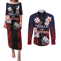 Wallis and Futuna Uvea Couples Matching Puletasi and Long Sleeve Button Shirt Victory Day With Frangipani LT05 Black - Polynesian Pride