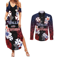 Wallis and Futuna Uvea Couples Matching Summer Maxi Dress and Long Sleeve Button Shirt Victory Day With Frangipani LT05 Black - Polynesian Pride