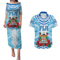Personalised Fiji Ratu Sir Lala Sukuna Day Couples Matching Puletasi and Hawaiian Shirt Hibiscus Tapa Pattern LT05 Blue - Polynesian Pride