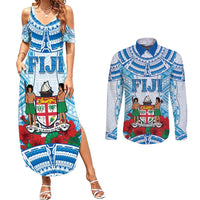 Personalised Fiji Ratu Sir Lala Sukuna Day Couples Matching Summer Maxi Dress and Long Sleeve Button Shirt Hibiscus Tapa Pattern LT05 Blue - Polynesian Pride