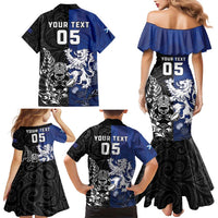 New Zealand And Scotland Rugby Custom Family Matching Mermaid Dress and Hawaiian Shirt Maori Tiki With Thistle Together