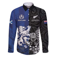 New Zealand And Scotland Rugby Custom Family Matching Off The Shoulder Long Sleeve Dress and Hawaiian Shirt Maori Tiki With Thistle Together