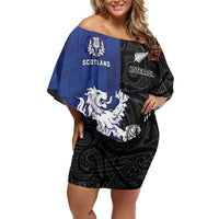 New Zealand And Scotland Rugby Custom Family Matching Off Shoulder Short Dress and Hawaiian Shirt Maori Tiki With Thistle Together