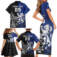 New Zealand And Scotland Rugby Custom Family Matching Short Sleeve Bodycon Dress and Hawaiian Shirt Maori Tiki With Thistle Together