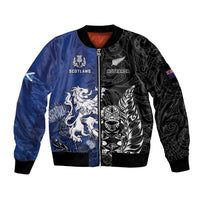New Zealand And Scotland Rugby Custom Sleeve Zip Bomber Jacket Maori Tiki With Thistle Together