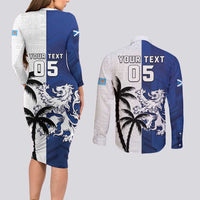 Fiji And Scotland Rugby Custom Couples Matching Long Sleeve Bodycon Dress and Long Sleeve Button Shirt Fijian Palm Tree With Thistle Together