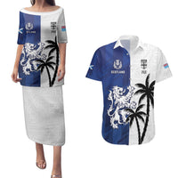 Fiji And Scotland Rugby Custom Couples Matching Puletasi and Hawaiian Shirt Fijian Palm Tree With Thistle Together