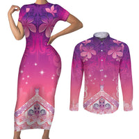 New Zealand Matariki Couples Matching Short Sleeve Bodycon Dress and Long Sleeve Button Shirt Maori Marae Purple Galaxy