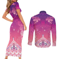 New Zealand Matariki Couples Matching Short Sleeve Bodycon Dress and Long Sleeve Button Shirt Maori Marae Purple Galaxy