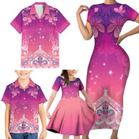 New Zealand Matariki Family Matching Short Sleeve Bodycon Dress and Hawaiian Shirt Maori Marae Purple Galaxy