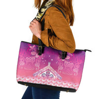 New Zealand Matariki Leather Tote Bag Maori Marae Purple Galaxy