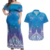 New Zealand Matariki Couples Matching Off Shoulder Maxi Dress and Hawaiian Shirt Maori Marae Cyan Galaxy