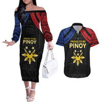 Philippines Independence Day Couples Matching Off The Shoulder Long Sleeve Dress and Hawaiian Shirt Proud To Be Pinoy LT05 Black - Polynesian Pride
