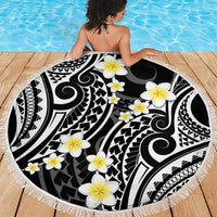 Plumeria With Black Polynesian Tattoo Pattern Beach Blanket