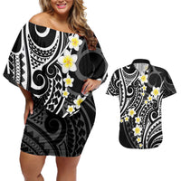 Plumeria With Black Polynesian Tattoo Pattern Couples Matching Off Shoulder Short Dress and Hawaiian Shirt