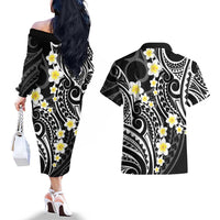 Plumeria With Black Polynesian Tattoo Pattern Couples Matching Off The Shoulder Long Sleeve Dress and Hawaiian Shirt
