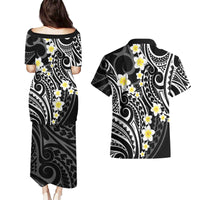 Plumeria With Black Polynesian Tattoo Pattern Couples Matching Puletasi and Hawaiian Shirt