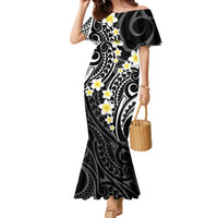 Plumeria With Black Polynesian Tattoo Pattern Family Matching Mermaid Dress and Hawaiian Shirt