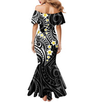 Plumeria With Black Polynesian Tattoo Pattern Family Matching Mermaid Dress and Hawaiian Shirt