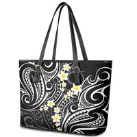Plumeria With Black Polynesian Tattoo Pattern Leather Tote Bag