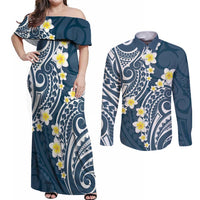 Plumeria With Blue Polynesian Tattoo Pattern Couples Matching Off Shoulder Maxi Dress and Long Sleeve Button Shirt