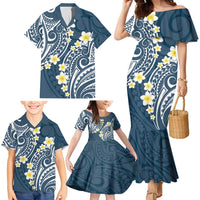 Plumeria With Blue Polynesian Tattoo Pattern Family Matching Mermaid Dress and Hawaiian Shirt