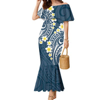 Plumeria With Blue Polynesian Tattoo Pattern Family Matching Mermaid Dress and Hawaiian Shirt