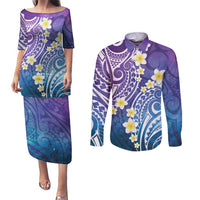 Plumeria With Galaxy Polynesian Tattoo Pattern Couples Matching Puletasi and Long Sleeve Button Shirt