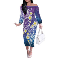Plumeria With Galaxy Polynesian Tattoo Pattern Family Matching Off The Shoulder Long Sleeve Dress and Hawaiian Shirt