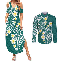 Plumeria With Teal Polynesian Tattoo Pattern Couples Matching Summer Maxi Dress and Long Sleeve Button Shirt