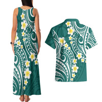 Plumeria With Teal Polynesian Tattoo Pattern Couples Matching Tank Maxi Dress and Hawaiian Shirt