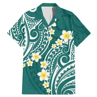 Plumeria With Teal Polynesian Tattoo Pattern Family Matching Mermaid Dress and Hawaiian Shirt