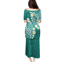 Plumeria With Teal Polynesian Tattoo Pattern Family Matching Puletasi and Hawaiian Shirt