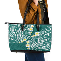Plumeria With Teal Polynesian Tattoo Pattern Leather Tote Bag