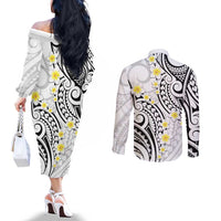 Plumeria With White Polynesian Tattoo Pattern Couples Matching Off The Shoulder Long Sleeve Dress and Long Sleeve Button Shirt