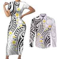 Plumeria With White Polynesian Tattoo Pattern Couples Matching Short Sleeve Bodycon Dress and Long Sleeve Button Shirt