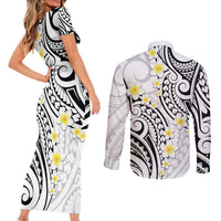 Plumeria With White Polynesian Tattoo Pattern Couples Matching Short Sleeve Bodycon Dress and Long Sleeve Button Shirt