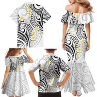 Plumeria With White Polynesian Tattoo Pattern Family Matching Mermaid Dress and Hawaiian Shirt