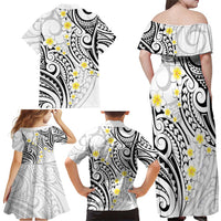 Plumeria With White Polynesian Tattoo Pattern Family Matching Off Shoulder Maxi Dress and Hawaiian Shirt