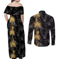 Hawaiian Honu And Surfboards Couples Matching Off Shoulder Maxi Dress and Long Sleeve Button Shirt Gold Style - Polynesian Pride