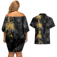 Hawaiian Honu And Surfboards Couples Matching Off Shoulder Short Dress and Hawaiian Shirt Gold Style - Polynesian Pride