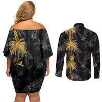 Hawaiian Honu And Surfboards Couples Matching Off Shoulder Short Dress and Long Sleeve Button Shirt Gold Style - Polynesian Pride