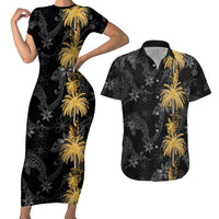 Hawaiian Honu And Surfboards Couples Matching Short Sleeve Bodycon Dress and Hawaiian Shirt Gold Style - Polynesian Pride