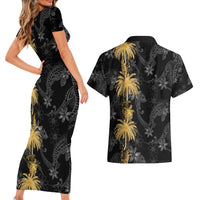 Hawaiian Honu And Surfboards Couples Matching Short Sleeve Bodycon Dress and Hawaiian Shirt Gold Style - Polynesian Pride
