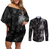 Hawaiian Honu And Surfboards Couples Matching Off Shoulder Short Dress and Long Sleeve Button Shirt Silver Style - Polynesian Pride