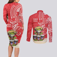 Personalized Puerto Rico Couples Matching Long Sleeve Bodycon Dress and Long Sleeve Button Shirt Coqui Frog With Polynesian Pattern - Polynesian Pride
