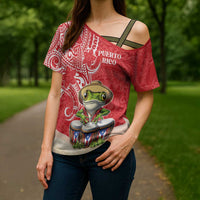 Personalized Puerto Rico Cross Shoulder Shirt Coqui Frog With Polynesian Pattern - Polynesian Pride