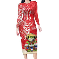 Personalized Puerto Rico Long Sleeve Bodycon Dress Coqui Frog With Polynesian Pattern - Polynesian Pride